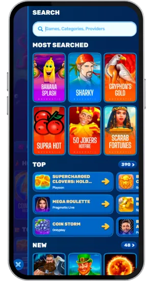 Locating and opening a Microgaming slot via search bar or slot categories without downloads